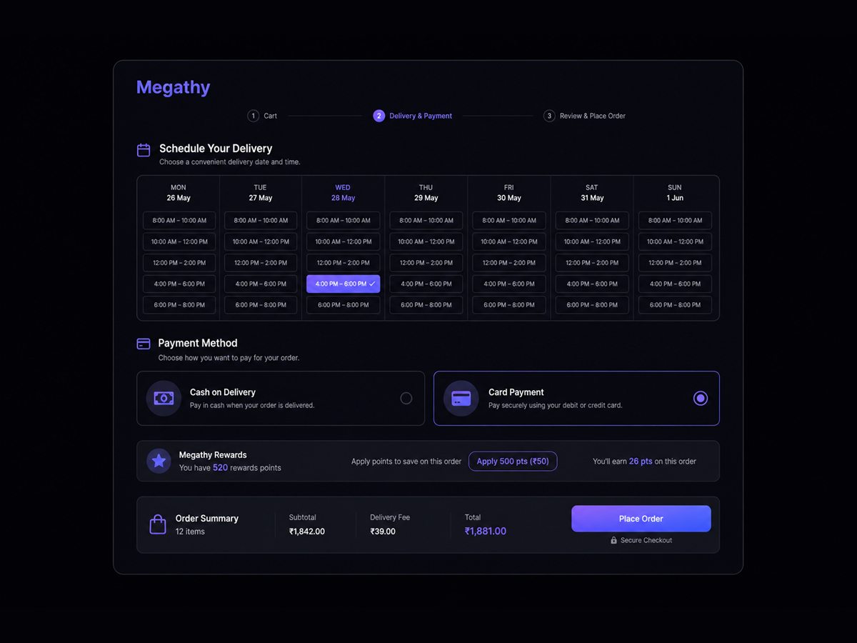 Megathy scheduling and payment UI