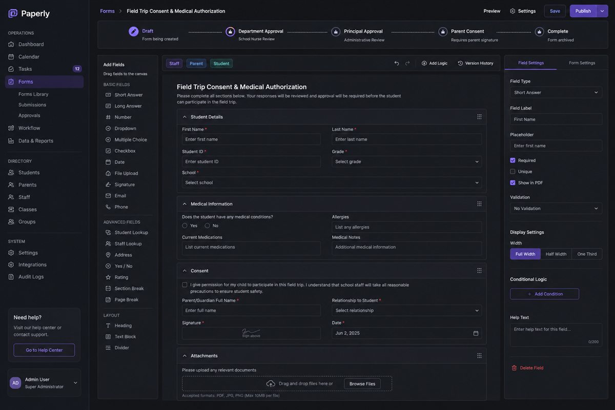 Paperly form builder with approval workflow configuration