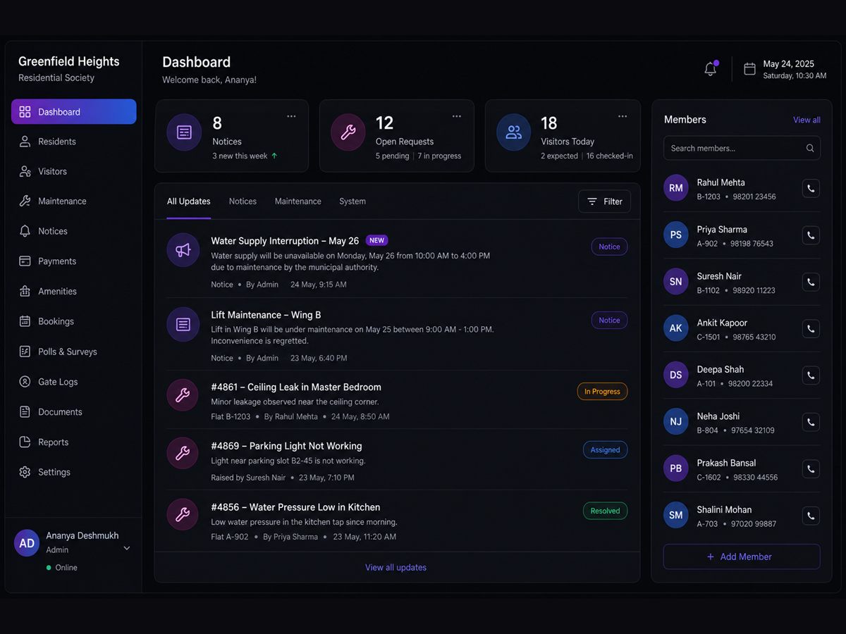 Resident App society admin dashboard mockup